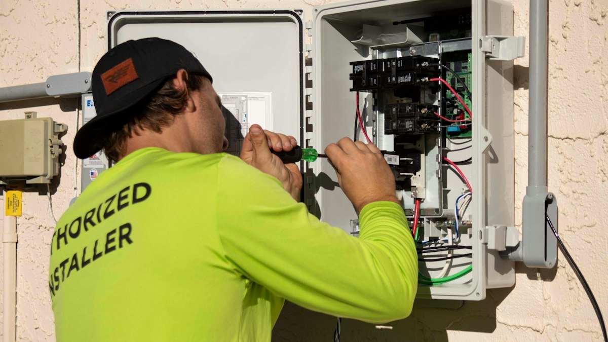 Electrician at an electrical panel