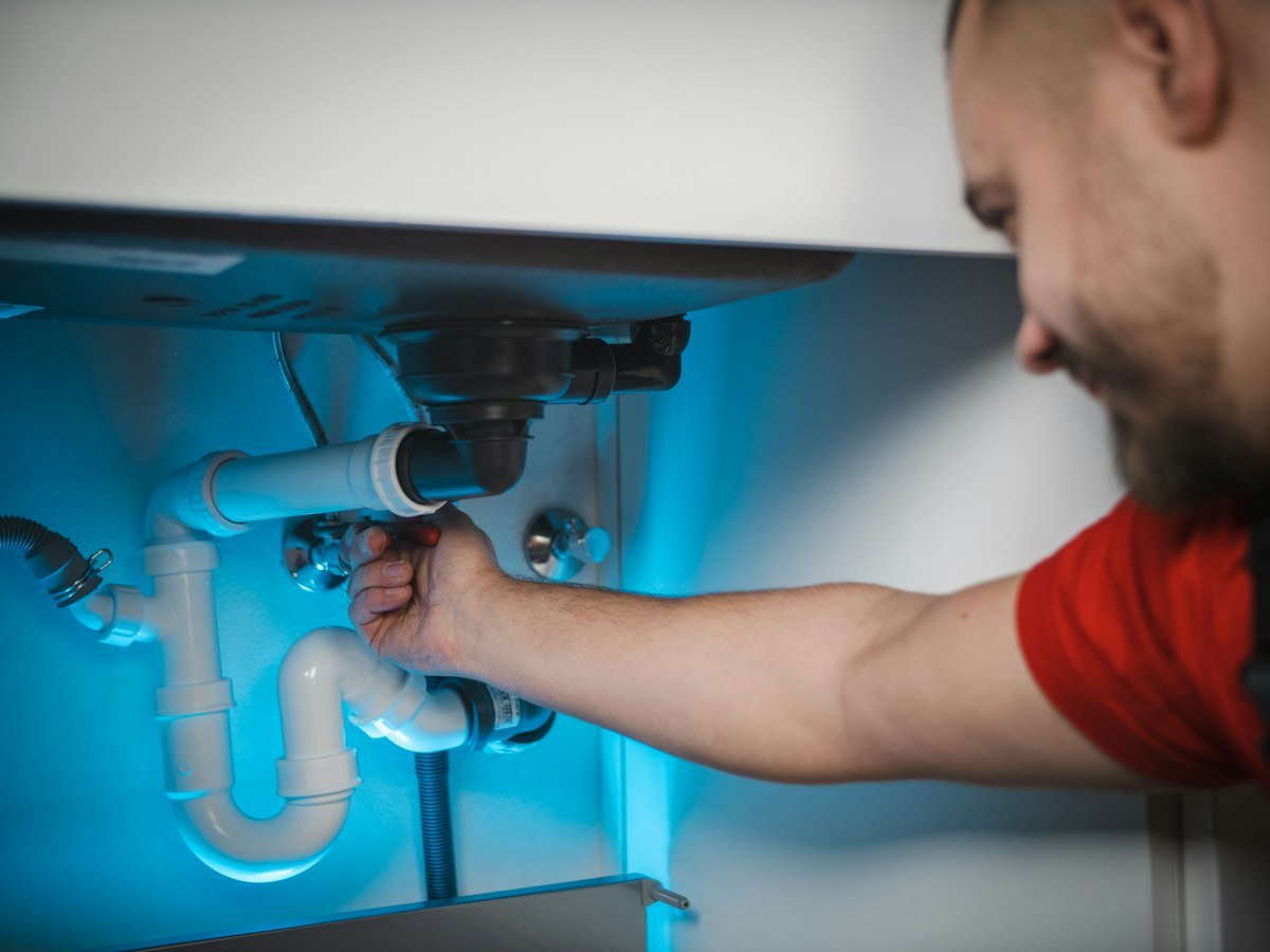 Plumber working on pipes