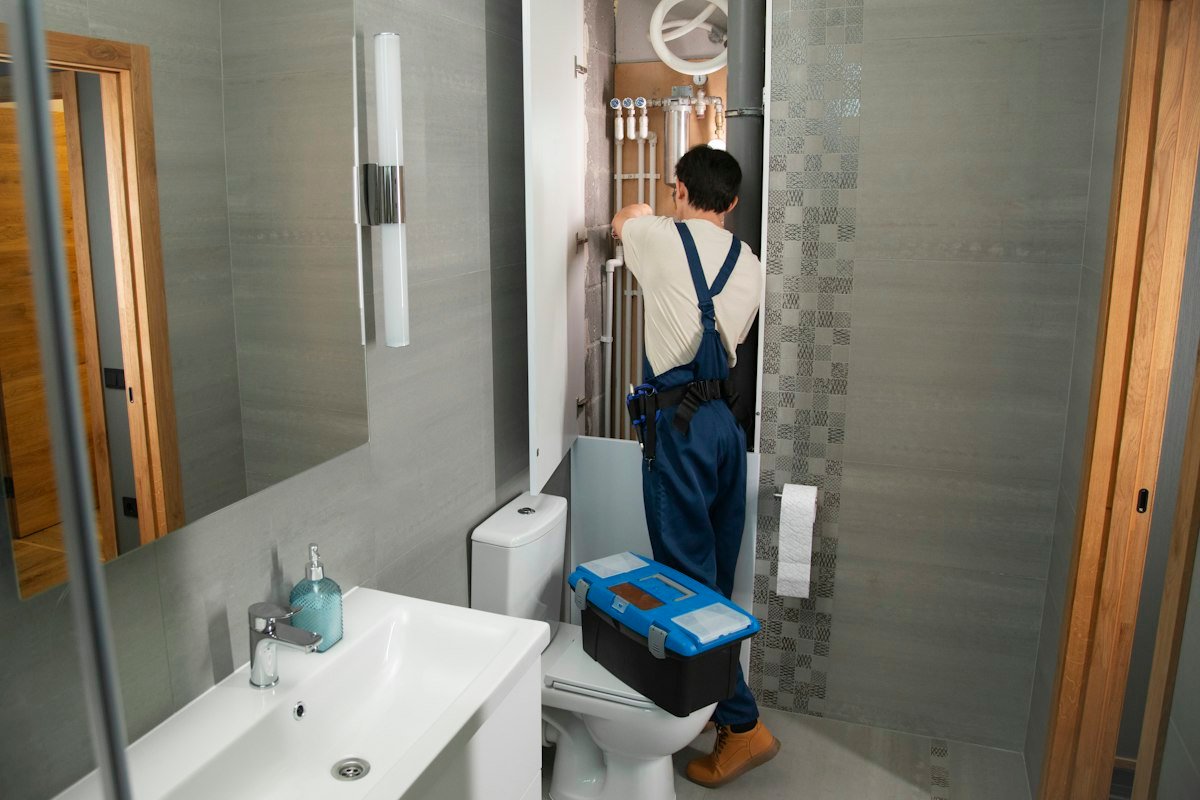 Plumber repairing bathroom pipes